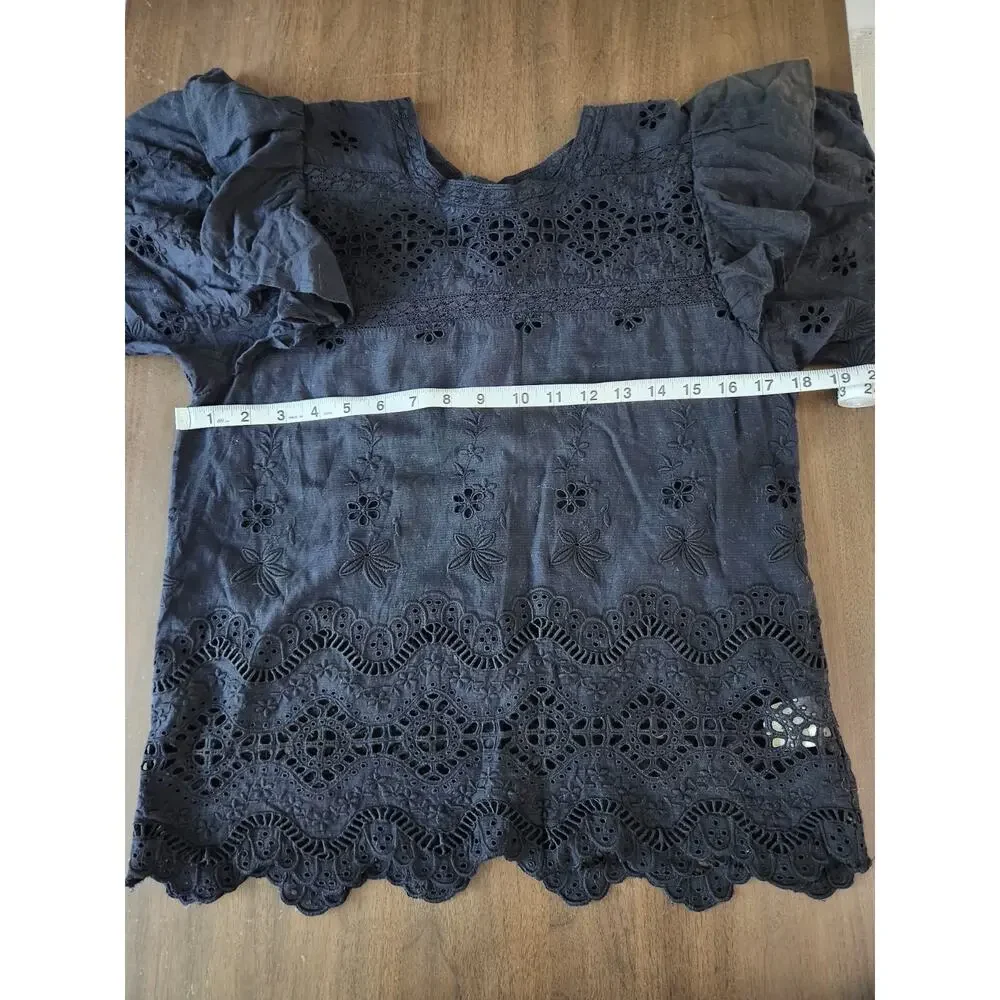 LoveShackFancy Tilda Eyelet Lace Black Blouse Puff Sleeves Ruffles Size Small